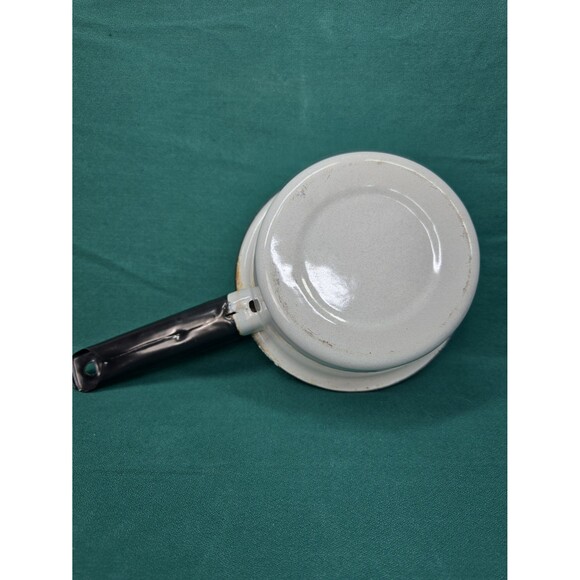 Vintage Enamelware White & Black Enamel 6" Pots Set of 3 with 1 Lid Sauce Soup - Picture 9 of 12